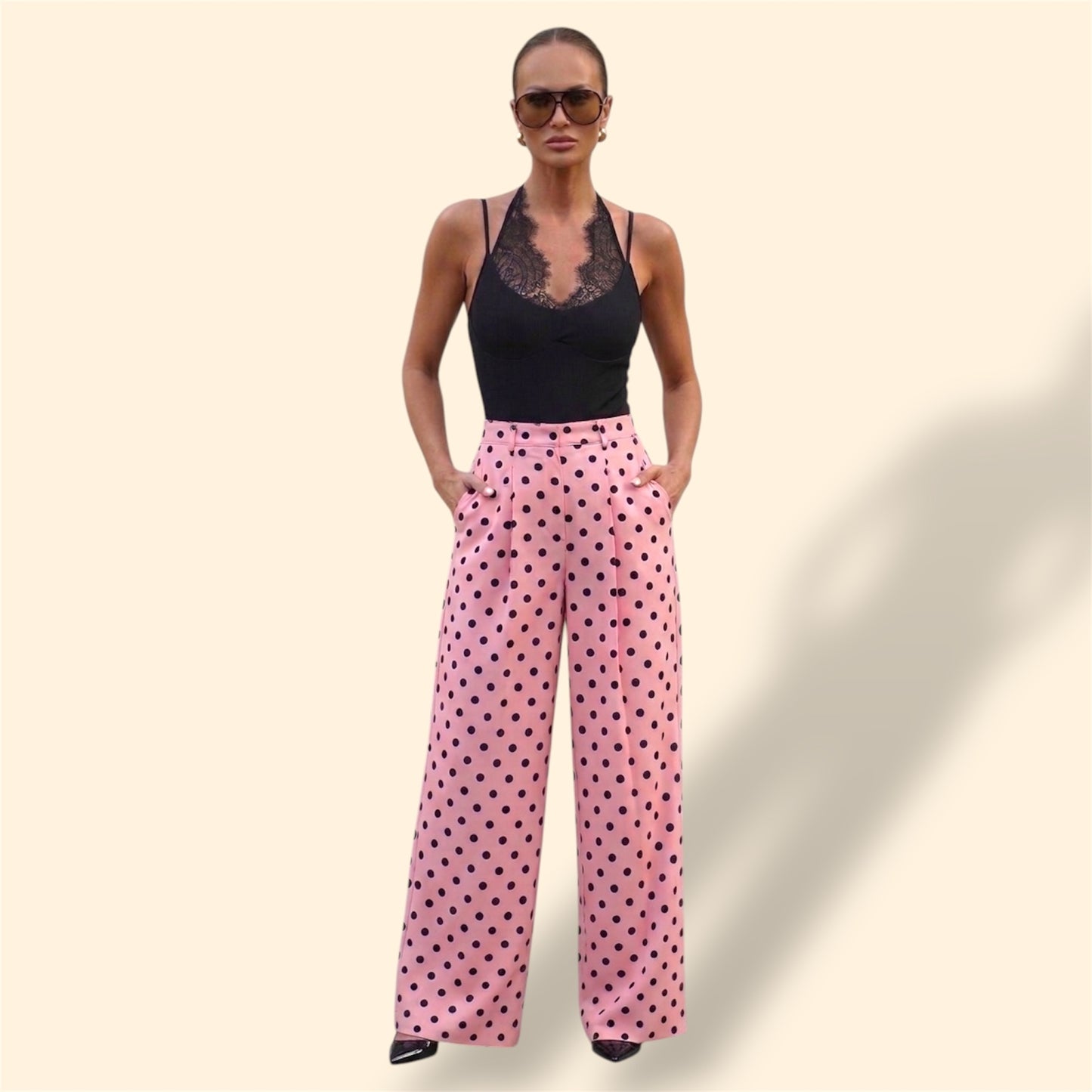 PINK PANTS WITH BLACK POLKA